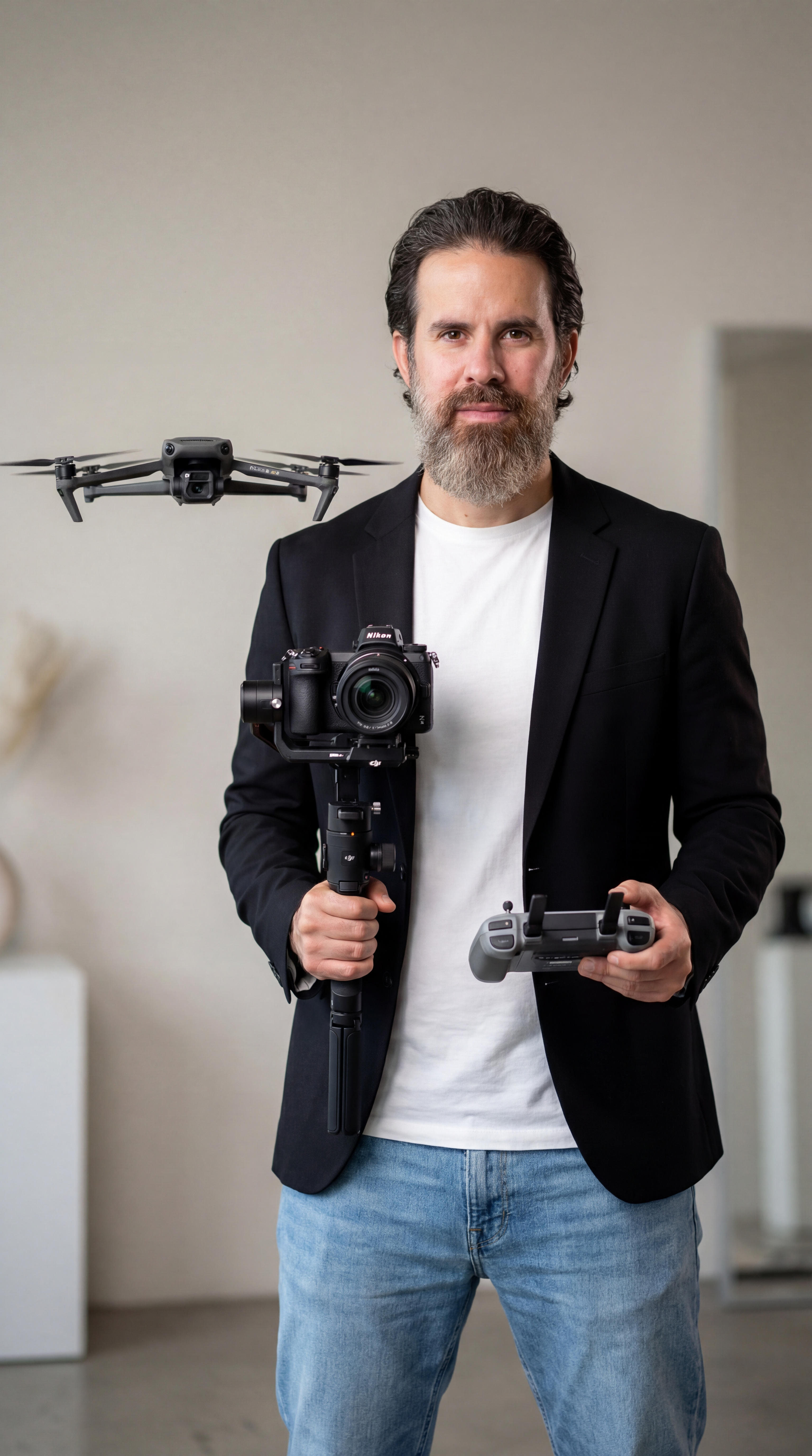 Leo Peres holding a camera gimbal and drone
